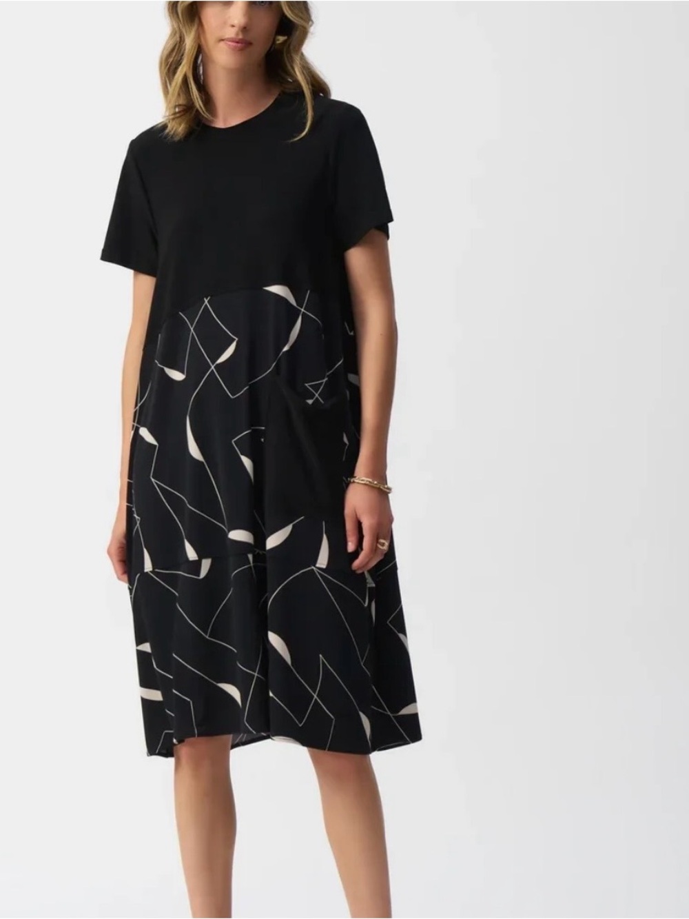 Joseph Ribkoff Trapeze Dress Size 12 NWT Black Geometric Print Short Sleeve